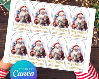 Christmas Gift Tag Editable Holiday Party Favor Tag Printable Christmas Santa Claus and Cute Cats Gift Tag DIY Merry Christmas Label