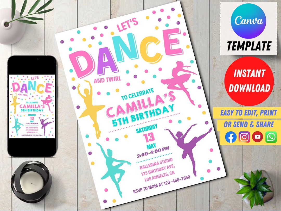 Editable dance party birthday invitation ballerina party etsy