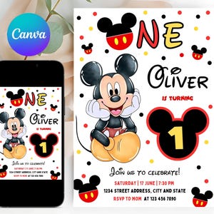 Invito di compleanno di Topolino modificabile, invito stampabile di Topolino, invito di Topolino per il 1° compleanno, invito per il 1° compleanno di Topolino, invito per il 1° compleanno di Topolino