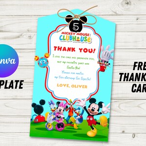 May include: A blue and red thank you card with a Mickey Mouse Clubhouse theme. The card features Mickey Mouse and his friends, including Donald Duck, Goofy, and Minnie Mouse. The text on the card reads "Thank You!" and "Love, Oliver".