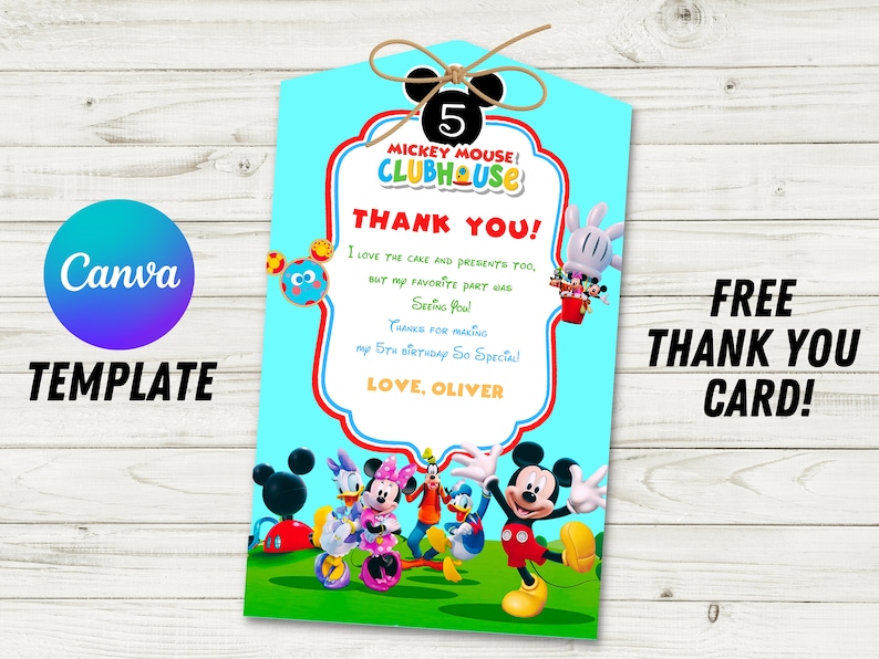 May include: A blue and red thank you card with a Mickey Mouse Clubhouse theme. The card features Mickey Mouse and his friends, including Donald Duck, Goofy, and Minnie Mouse. The text on the card reads "Thank You!" and "Love, Oliver".