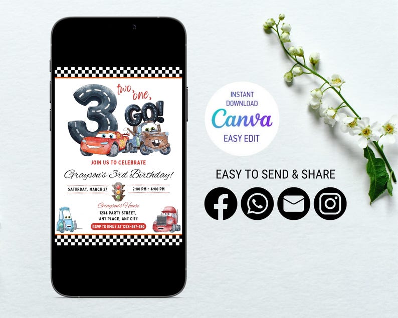 Puede incluir: Un tel&eacute;fono inteligente muestra una invitaci&oacute;n de cumplea&ntilde;os con un tema de coches de carreras. El dise&ntilde;o presenta el n&uacute;mero 3, coches de dibujos animados y el texto "two, one, GO!". La invitaci&oacute;n incluye detalles de la fiesta e iconos de redes sociales.