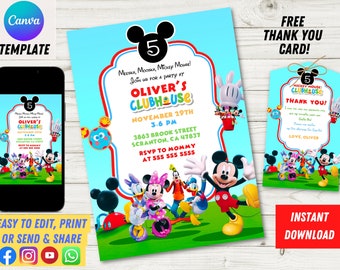 Clubhouse Birthday Invitation, Editable Mickey Invitation, Clubhouse Invitation, Mickey Invite, Editable Canva, Thank You card