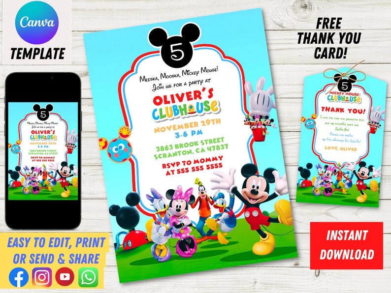 May include: Printable invitation for a Mickey Mouse Clubhouse themed birthday party. The invitation features Mickey Mouse and his friends, including Pluto, Donald Duck, Goofy, and Minnie Mouse. The invitation is blue and red with a green grass background. The text on the invitation reads "Mickey, Minnie, Mickey Mouse! Join us for a party at Oliver's Clubhouse!"  "November 29th, 3-6 PM, 3863 Brook Street, Scranton, CA 47837, RSVP to Mommy at 555 555 5555".
