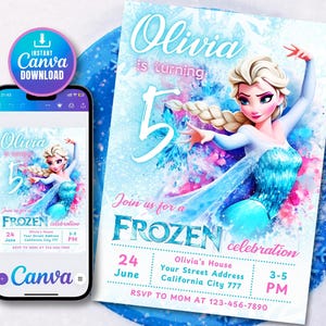 Frozen uitnodiging, Elsa verjaardagsuitnodiging, Frozen verjaardag afdrukbare, wintersneeuw uitnodiging digitaal, bewerkbare Instant Download Canva-sjabloon