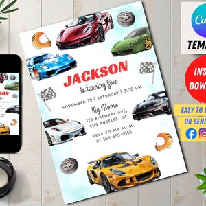 Invito di compleanno per auto da corsa, Invito di compleanno per auto da corsa, Invito per festa di compleanno di auto sportive, Corse di velocità per bambini, Invito per corse automobilistiche