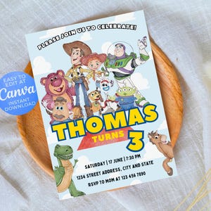 Editable Toy Story Invitation Template, Watercolor Toy Story Birthday Party Invite, Digital Invitation, Kids Invites, Woody, Buzz Lightyear