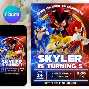 Faire-part d'anniversaire modifiable Sonic 3, invitation de fête de garçons Super hérisson, invitation de fête Super Sonic, modèle d'invitation Sonic, modèle Canva