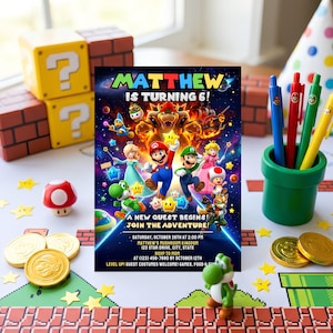Super Mario Galaxy verjaardagsuitnodiging, Mario Quest verjaardagsuitnodiging, bewerkbare canvassjabloon, Bowser Space-feestthema, digitale download