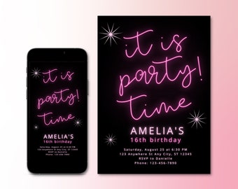 Neon Light Birthday Invitation Template, It is party time Invite, Glow Party Invite, Pink Black Neon, Digital E-Invite, Canva Template