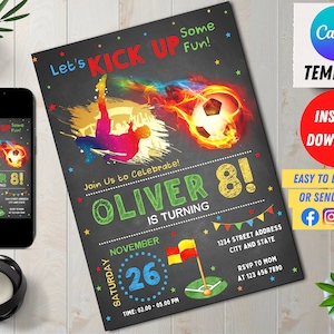 Editable Soccer Birthday Invitation Digital, Soccer Party Invite, Football Birthday Evite, Editable in Canva Printable Download, Chalkboard