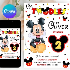 May include: A printable invitation for a child's second birthday party. The invitation features a cartoon image of Mickey Mouse and the text "Oh Twodles Oliver is turning 2".