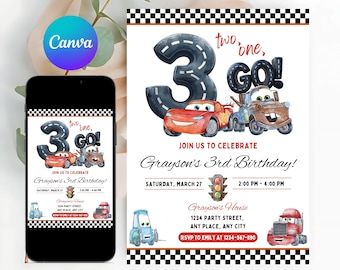 May include: A birthday invitation featuring the number 3 made of a road, with cartoon cars and the words "two, one, GO!". The invitation includes the text "Join us to celebrate Grayson's 3rd Birthday!" and event details.