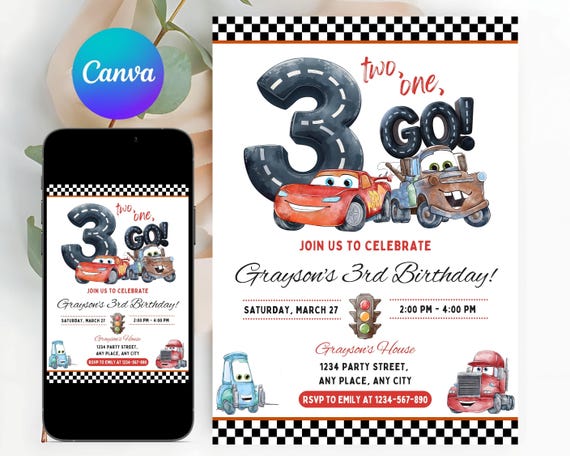Lightning Mcqueen 3rd Birthday Invitation - Editable Watercolor Cars Party Invite Canva Template (Digital)