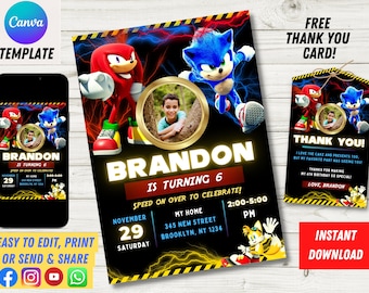 Editable Birthday Digital Invitation, Kids Party E-invite with Photo, Hedgehog Thunder, Super Hedgehog Birthday Invites Card, Editable Canva