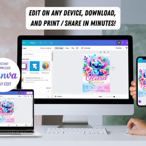 May include: A digital invitation for a birthday party featuring a cartoon Stitch character with blue fur and a pink flower crown. The invitation is designed in a colorful style with pink, blue, and purple hues. The text on the invitation reads "Olivia is turning 5".