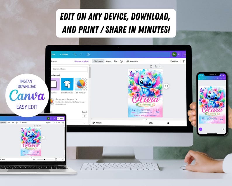 May include: A digital invitation for a birthday party featuring a cartoon Stitch character with blue fur and a pink flower crown. The invitation is designed in a colorful style with pink, blue, and purple hues. The text on the invitation reads "Olivia is turning 5".