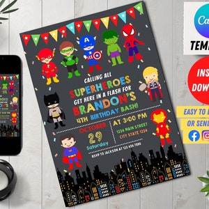 Editable Superheroes Birthday Invitation Digital, Superhero Kid Evite, Editable in Canva Printable Download, Kids invite, Editable Canva