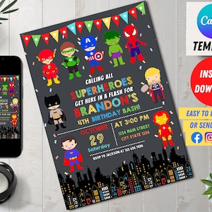Bearbeitbare Superhelden-Geburtstagseinladung Digital, Superhelden-Kid Evite, bearbeitbar in Canva Printable Download, Kinder einladen, bearbeitbare Canva