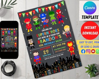 Editable Superheroes Birthday Invitation Digital, Superhero Kid Evite, Editable in Canva Printable Download, Kids invite, Editable Canva