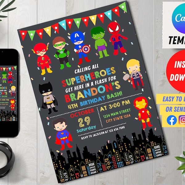 Editable Superheroes Birthday Invitation Digital, Superhero Kid Evite, Editable in Canva Printable Download, Kids invite, Editable Canva