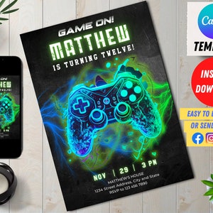 BEWERKBARE Video Game Party uitnodiging, afdrukbare Gamer verjaardag uitnodigen, groen blauwe gloed uitnodigen sjabloon, Gaming, Game Party, bewerkbare Canva