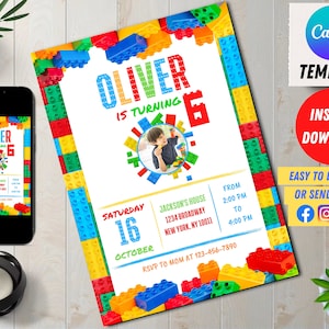 Building Blocks Birthday Invitation with Photo | Building Bricks Kids Birthday Party Invite | Editable Canva | Printable Template | Editable
