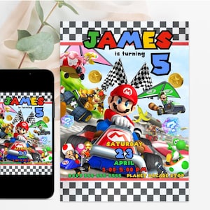 May include: A colorful invitation for a Mario Kart themed birthday party. The invitation features a checkered background, a red race car with Mario driving, and the text "JAMES is turning 5". The invitation also includes the date, time, and location of the party.