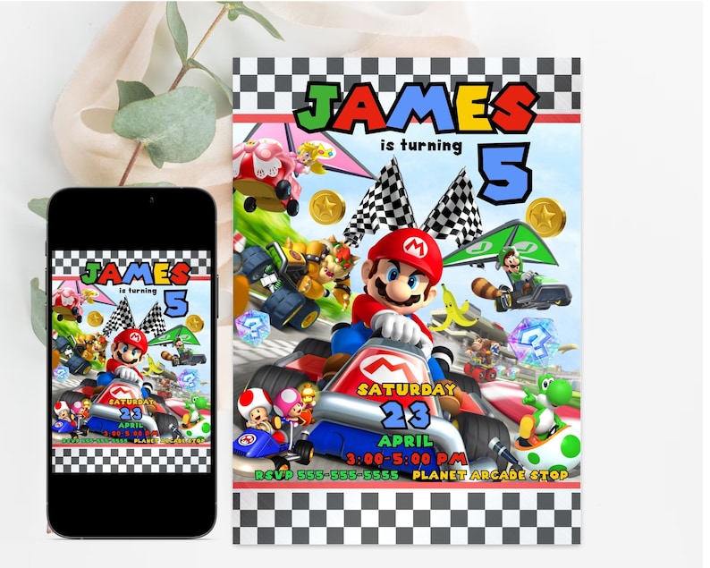 May include: A colorful invitation for a Mario Kart themed birthday party. The invitation features a checkered background, a red race car with Mario driving, and the text "JAMES is turning 5". The invitation also includes the date, time, and location of the party.
