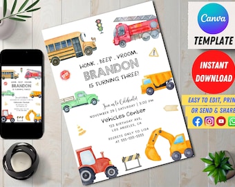 Editable Transportation Birthday Invitation Digital, Truck Car Evite, Editable in Canva Printable Download, Cars Party Birthday Invite