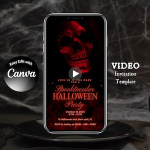 May include: A smartphone displays a Halloween party invitation video template. The design features a red skull, the text "Spooktacular Halloween Party," and event details. The Canva logo is visible. A lit candle and a decorative plate are in the background.