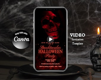 Editable Halloween Party Invitation Video Template, Red Skull Animated Mobile Invite, Glow Neon Text Invite, Halloween E-Invite, Canva