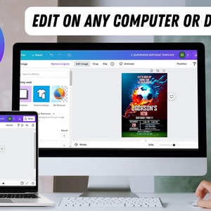 May include: A laptop and desktop computer screen displaying the Canva website. The screen shows a design template for a football-themed birthday party invitation. The invitation features a football with flames and the text "Jackson's 11th Birthday Party".