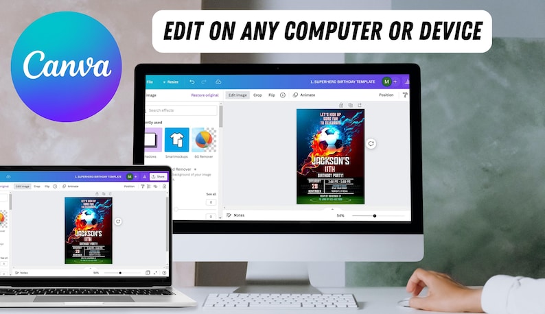 May include: A laptop and desktop computer screen displaying the Canva website. The screen shows a design template for a football-themed birthday party invitation. The invitation features a football with flames and the text "Jackson's 11th Birthday Party".