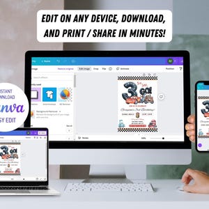 Puede incluir: Una invitaci&oacute;n digital para un tercer cumplea&ntilde;os, mostrada en una computadora port&aacute;til, un monitor de escritorio y un tel&eacute;fono inteligente. El dise&ntilde;o presenta un tema de coche de carreras con el texto "3, Go!" y "Edit on any device, download, and print / share in minutes!"