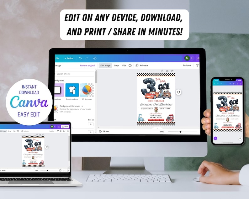 Puede incluir: Una invitaci&oacute;n digital para un tercer cumplea&ntilde;os, mostrada en una computadora port&aacute;til, un monitor de escritorio y un tel&eacute;fono inteligente. El dise&ntilde;o presenta un tema de coche de carreras con el texto "3, Go!" y "Edit on any device, download, and print / share in minutes!"