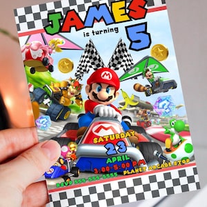 May include: A colorful invitation for a 5th birthday party featuring a Mario Kart theme. The invitation has a checkered background and features Mario, Luigi, Peach, and other characters from the game. The text on the invitation reads "James is turning 5" and includes the date, time, and location of the party.