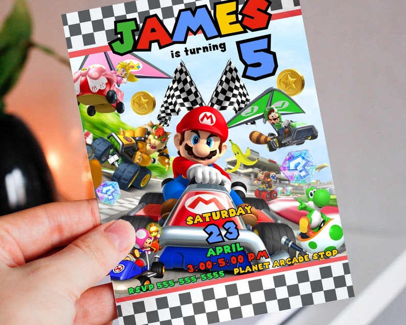 May include: A colorful invitation for a 5th birthday party featuring a Mario Kart theme. The invitation has a checkered background and features Mario, Luigi, Peach, and other characters from the game. The text on the invitation reads "James is turning 5" and includes the date, time, and location of the party.