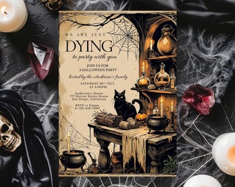 Plantilla de invitación vintage de Halloween, invitación digital de Halloween, fiesta de Halloween imprimible para adultos, plantilla editable, descarga instantánea