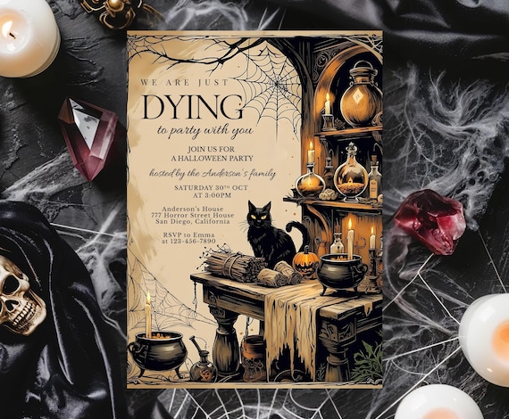Vintage Halloween Invitation Template, Halloween Digital Invite, Printable Halloween Party for Adults, Editable Template, Instant Download