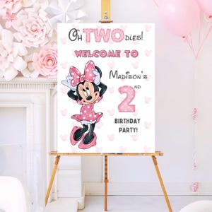 Minnie Maus TwoDles Geburtstag Willkommensschild Vorlage | Bearbeitbares druckbares Party Schild | Canva Digitaler Download | Mädchen-Geburtstags-Dekoration