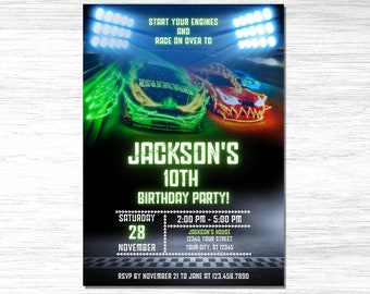 Editable Race Car Birthday Party Invitation Digital Template, Kids Speed Racing DIY Birthday Editable Party Printable, Glow Green Neon Light