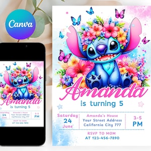 Stitch Birthday Invitation Editable Template, Canva Editable Birthday Invitation, Stitch Birthday Party Invitation, Invite Canva Template 06