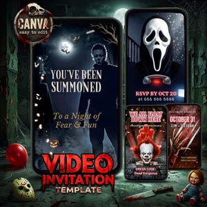 May include: A digital video invitation template featuring horror movie themes on four smartphone screens. Text includes YOU'VE BEEN SUMMONED, WE ALL FLOAT DOWN HERE, and OCTOBER 31. The display shows iconic horror characters like Michael Myers and Pennywise.