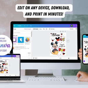 May include: A computer screen, laptop, and smartphone displaying a birthday invitation design featuring Mickey Mouse. The invitation includes the text "Oliver is One" and "Come to and Join the Fun." The image also includes the text "Edit on any device, download, and print in minutes!" and "Instant Download Canva Easy Edit."
