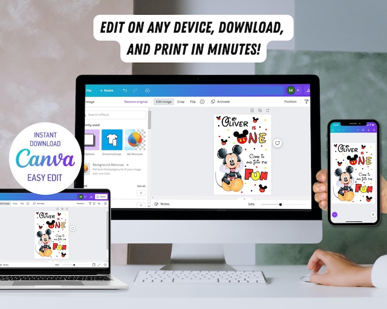 May include: A computer screen, laptop, and smartphone displaying a birthday invitation design featuring Mickey Mouse. The invitation includes the text "Oliver is One" and "Come to and Join the Fun." The image also includes the text "Edit on any device, download, and print in minutes!" and "Instant Download Canva Easy Edit."