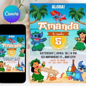 Stitch Birthday Invitation Editable Template, Canva Editable Birthday Invitation, Stitch Birthday Party Invitation, Invite Canva Template 16