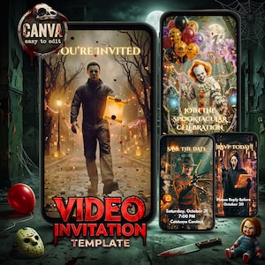 May include: A digital video invitation template featuring four smartphone screens displaying horror movie characters including Michael Myers, Pennywise, Freddy Krueger, and Ghostface, with text overlays like YOU'RE INVITED and SAVE THE DATE.