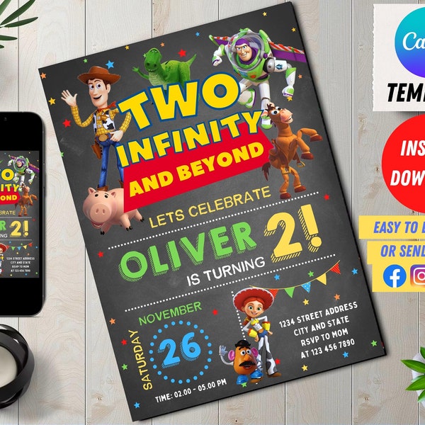 Two Infinity and Beyond Birthday Invitation | 2nd Birthday Toy Kids Birthday Party Invite | Digital Canva Template | Toys | Editable Canva
