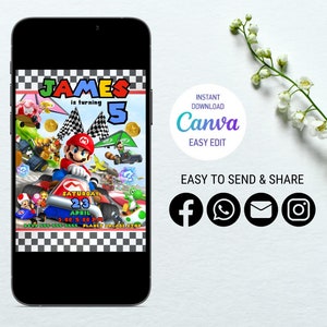 May include: A birthday invitation featuring a colorful illustration of Mario Kart characters, including Mario, Luigi, and Toad. The invitation is for James's 5th birthday party, which will be held on Saturday, April 23rd from 3:00 to 5:00 PM at Planet Arcade. The invitation also includes a Canva logo and social media icons for Facebook, WhatsApp, email, and Instagram.